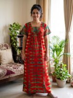 Front Open Cotton Nighty With Buttons, 55 Inches - Red - Image 2