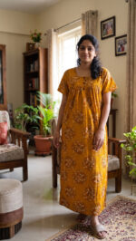 Front Open Cotton Nighty With Buttons, 55 Inches Length - Yellow - Image 2