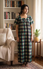 Front Open Cotton Nighty With Buttons, 55 Inches - Green - Image 2