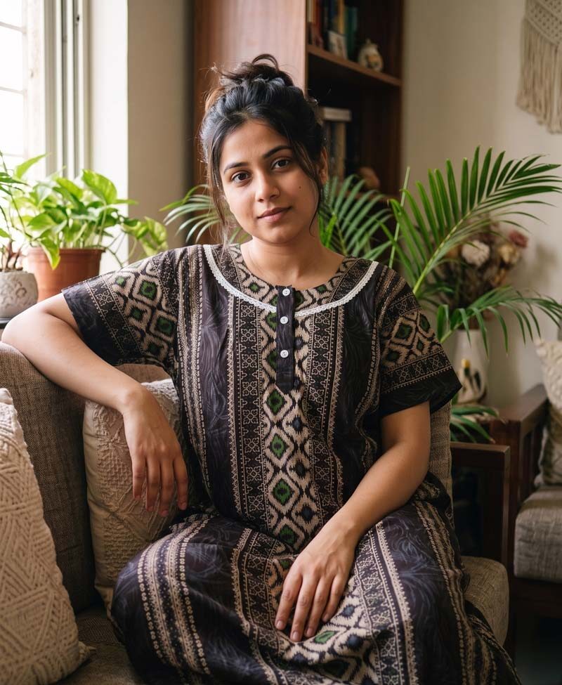 AG (3) Churidar Model Cotton Nighty With Buttons, 55 Inches Length- Dark Brown - Image 1
