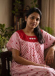 Traditional Cotton Nighty, Round Neck, 55 Inches Length - White + Red