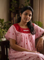 Traditional Cotton Nighty, Round Neck, 55 Inches Length - White + Red