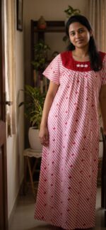 Traditional Cotton Nighty, Round Neck, 55 Inches Length - White + Red - Image 2