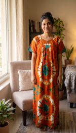 Traditional Chungidi Cotton Nighty, 55 Inches Length - Orange - Image 2