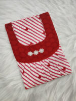 Traditional Cotton Nighty, Round Neck, 55 Inches Length - White + Red - Image 3