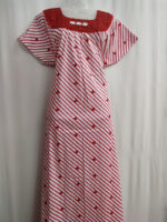 Traditional Cotton Nighty, Round Neck, 55 Inches Length - White + Red - Image 4