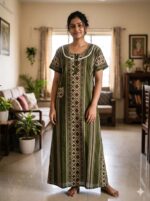 Churidar Model Cotton Nighty With Buttons, 57 Inches Length- Green - Image 2
