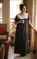 Front Open Cotton Nighty With Buttons, 55 Inches Length - Black + White - Image 2