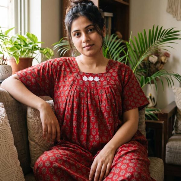 Traditional Cotton Nighty, 55 Inches Length - Ajrak Red