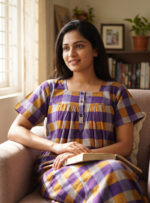 Front Open Cotton Nighty With Buttons, 55 Inches - Violet + Cream