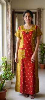 Churidar Model Cotton Nighty With Buttons, 55 Inches Length- Yellow + Red - Image 2