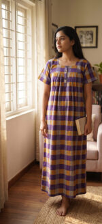 Front Open Cotton Nighty With Buttons, 55 Inches - Violet + Cream - Image 2