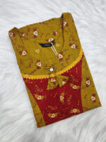Churidar Model Cotton Nighty With Buttons, 55 Inches Length- Yellow + Red - Image 3