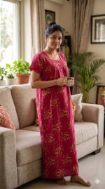 Front Open Cotton Nighty With Buttons, 55 Inches - Majenta - Image 2