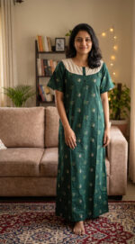 Churidar Model Cotton Nighty With Buttons, Hacoba Yoke, 57 Inches - Green - Image 2
