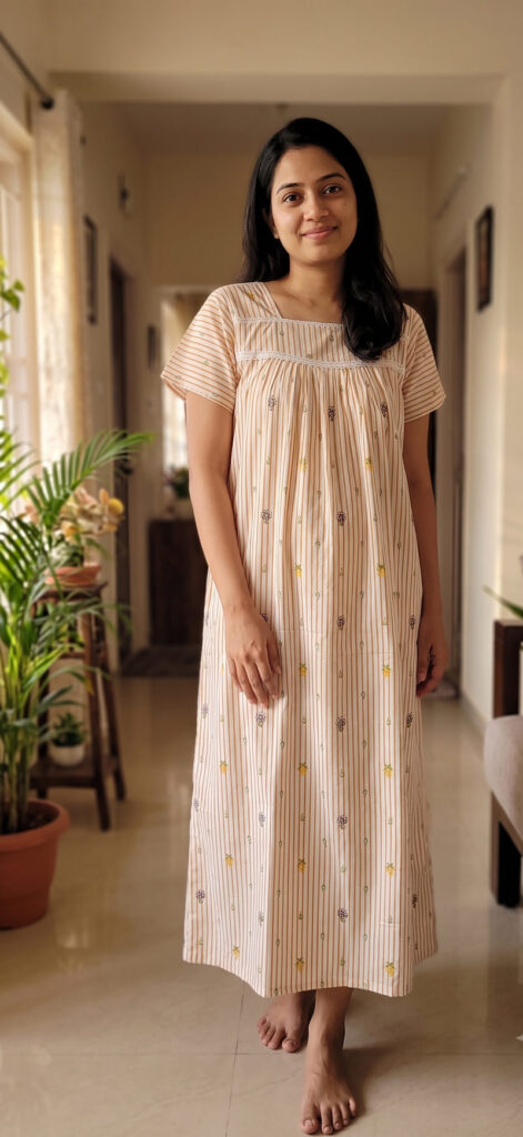 - Front Open Nighty With Pleats Stitching