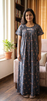 Traditional Cotton Nighty, 55 Inches Length - Ash - Image 2
