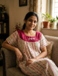 Traditional Cotton Nighty, Round Neck, 55 Inches Length - White + Magenta