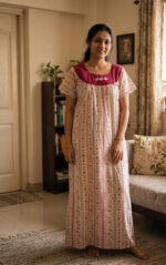Traditional Cotton Nighty, Round Neck, 55 Inches Length - White + Magenta - Image 2
