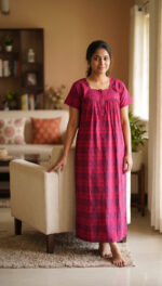 Front Open Cotton Nighty With Zip, 55 Inches - Magenta - Image 2
