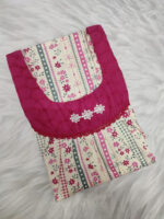 Traditional Cotton Nighty, Round Neck, 55 Inches Length - White + Magenta - Image 3