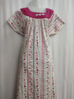 Traditional Cotton Nighty, Round Neck, 55 Inches Length - White + Magenta - Image 4