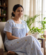 Traditional Cotton Nighty, Round Neck, 55 Inches Length - Blue + White