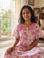 Churidar Model Cotton Nighty With Buttons, 57 Inches - White + Rose  Flowers