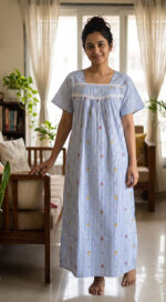 Traditional Cotton Nighty, Round Neck, 55 Inches Length - Blue + White - Image 2