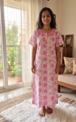 Churidar Model Cotton Nighty With Buttons, 57 Inches - White + Rose  Flowers - Image 2