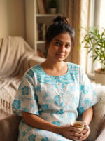 Churidar Model Cotton Nighty With Buttons, 57 Inches - White + Blue Flowers