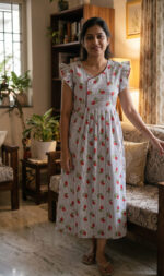 Short And Trendy Cotton Nighty - White + Red - Image 2
