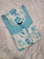 Churidar Model Cotton Nighty With Buttons, 57 Inches - White + Blue Flowers - Image 3