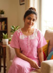Churidar Model Cotton Nighty With Buttons, 57 Inches - Rose + White Lines