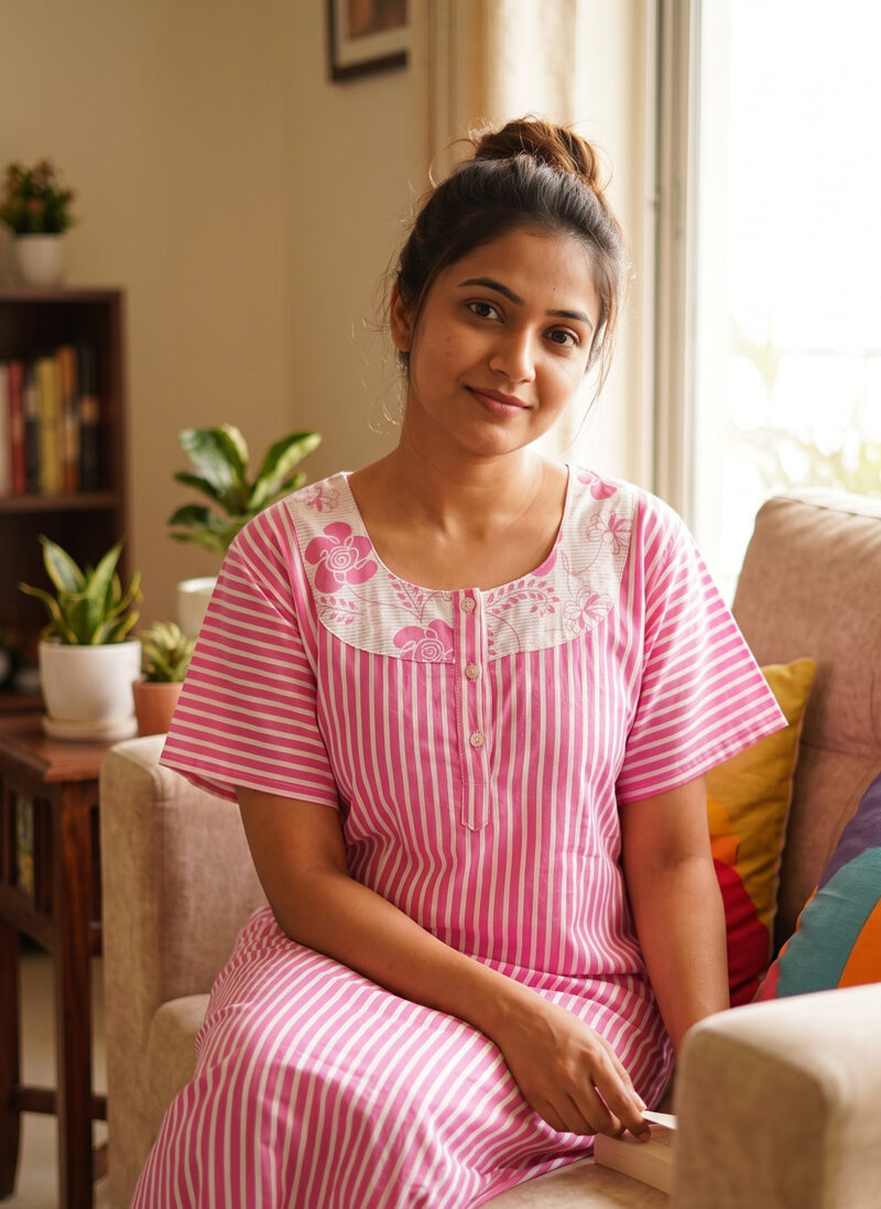 AQ1 Churidar Model Cotton Nighty With Buttons, 57 Inches - Rose + White Lines - Image 1