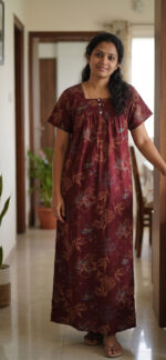 Front Open Cotton Nighty With Buttons, 55 Inches Length - Maroon - Image 2