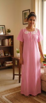 Churidar Model Cotton Nighty With Buttons, 57 Inches - Rose + White Lines - Image 2