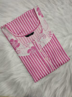Churidar Model Cotton Nighty With Buttons, 57 Inches - Rose + White Lines - Image 3