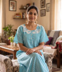 Churidar Model Cotton Nighty With Buttons, 57 Inches - Blue + White Lines