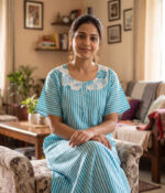 Churidar Model Cotton Nighty With Buttons, 57 Inches - Blue + White Lines