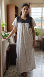 Front Open Cotton Nighty With Buttons, 55 Inches - White + Black - Image 2