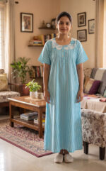 Churidar Model Cotton Nighty With Buttons, 57 Inches - Blue + White Lines - Image 2