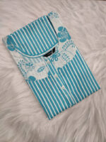 Churidar Model Cotton Nighty With Buttons, 57 Inches - Blue + White Lines - Image 3