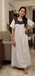 Front Open Cotton Nighty With Buttons, 55 Inches Length - White + Black - Image 2