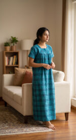 Front Open Cotton Nighty With Zip, 55 Inches - Blue - Image 2