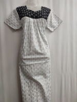 Front Open Cotton Nighty With Buttons, 55 Inches - White + Black - Image 4