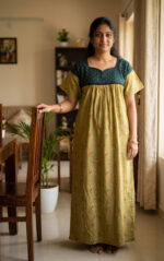 Front Open Cotton Nighty With Buttons, 57 Inches Length - Chikku + Green - Image 2
