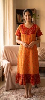 Short And Trendy Cotton Nighty - Red + Yellow - Image 2