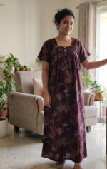 Front Open Cotton Nighty With Buttons, 55 Inches Length - Grape Wine - Image 2