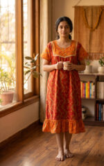 Short And Trendy Cotton Nighty - Yellow + Red - Image 2